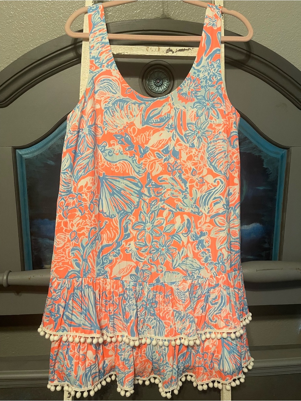 Lilly Pulitzer Coral & Light Blue Floral Pom-Pom Tiered Sundress